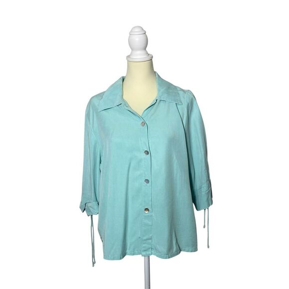 By JJ 100% Tencell Cyan 3/4 Roll Tab Sleeve Button Up Shirt Women's Size Medium - Picture 1 of 16